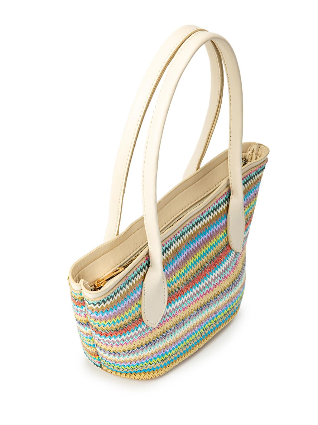 Mavi Asimetrik Hasır Kadın Kol Çanta Delbin Krem Renkli Desenli-2