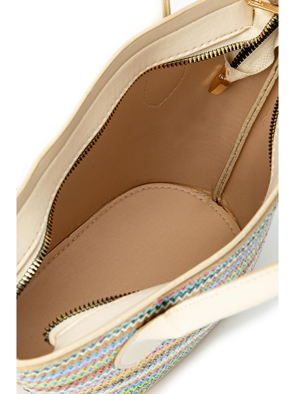 Mavi Asimetrik Hasır Kadın Kol Çanta Delbin Krem Renkli Desenli-3