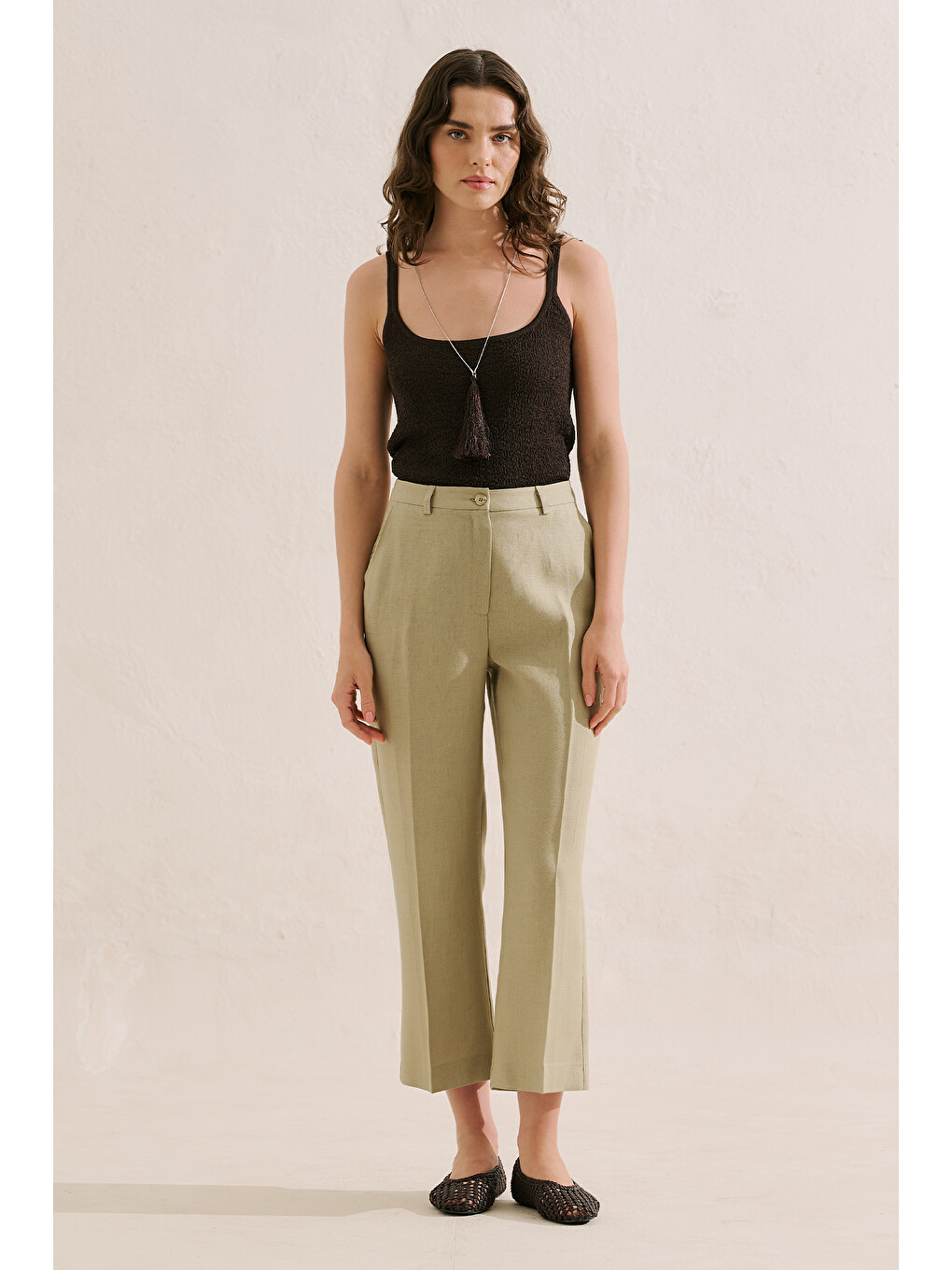 Bej Keten Klasik Pantolon Taş-2
