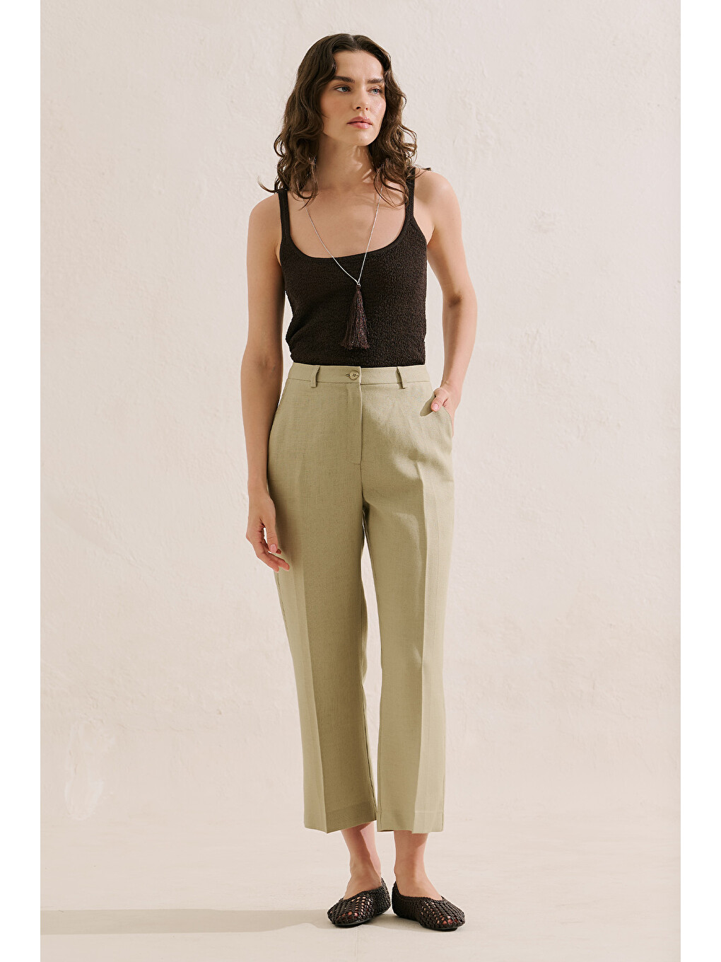 Bej Keten Klasik Pantolon Taş-3