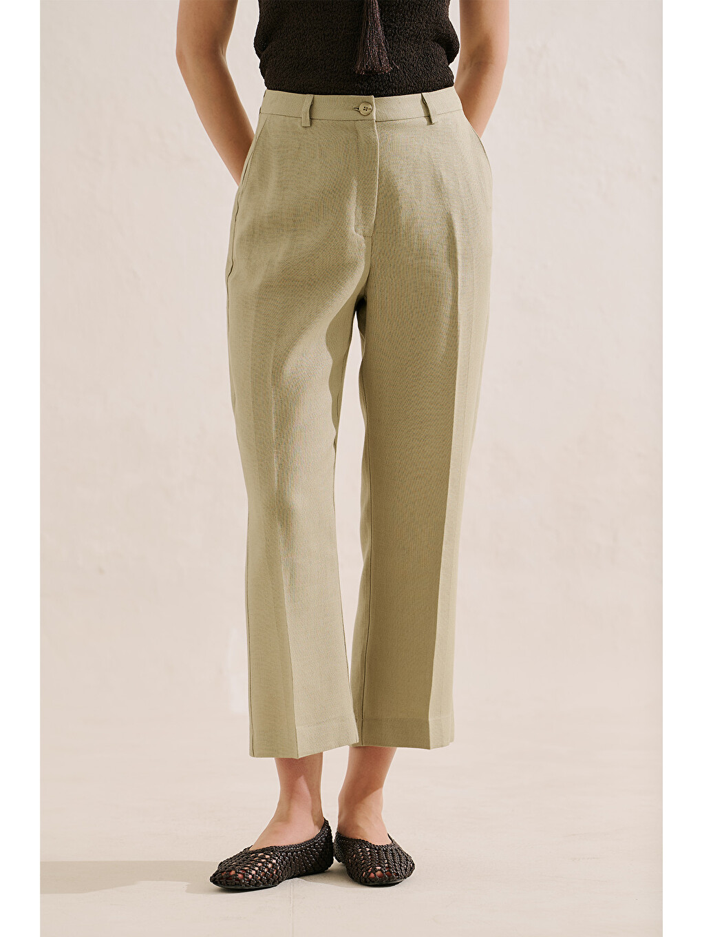 Bej Keten Klasik Pantolon Taş-4