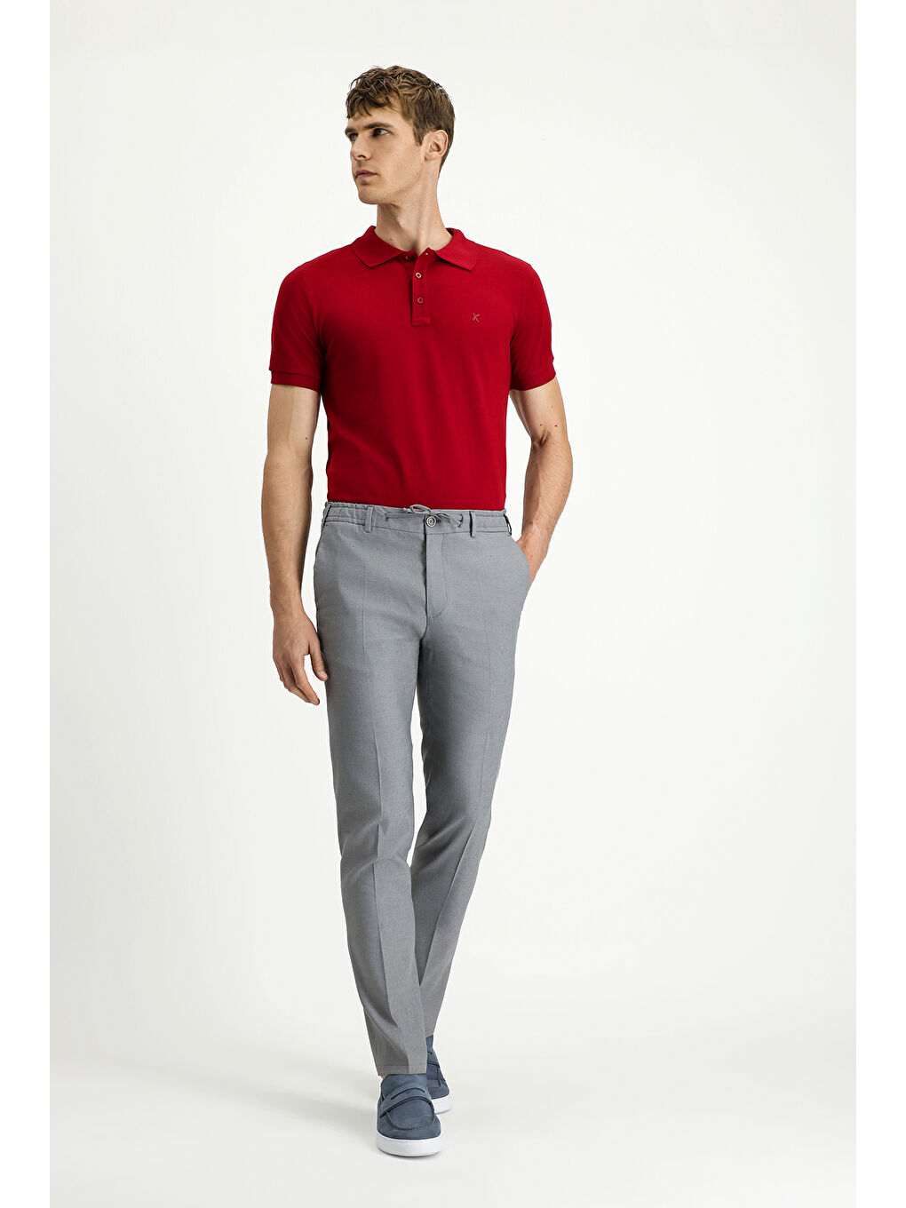 Gri Slim Fit Dar Kesim Beli Lastikli İpli Keten Karışımlı Pantolon-1