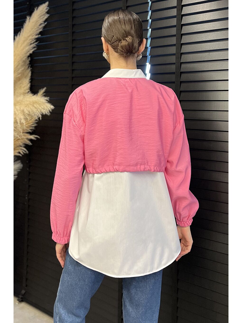 Pembe Bel Büzgülü Kadın Paraşüt Garnili Gömlek-2