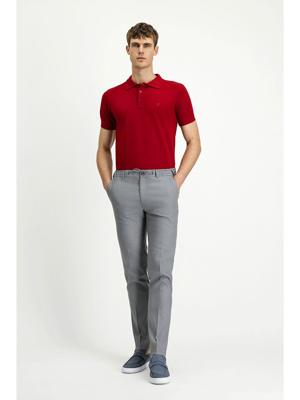 Gri Slim Fit Dar Kesim Beli Lastikli İpli Keten Karışımlı Pantolon-2