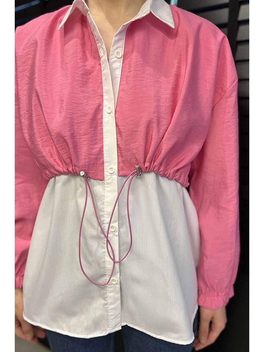 Pembe Bel Büzgülü Kadın Paraşüt Garnili Gömlek-3