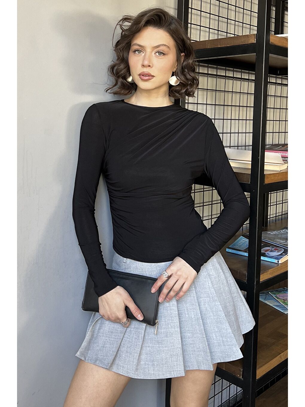 Siyah Kadın Bel Ve Omuz Drapeli Bluz