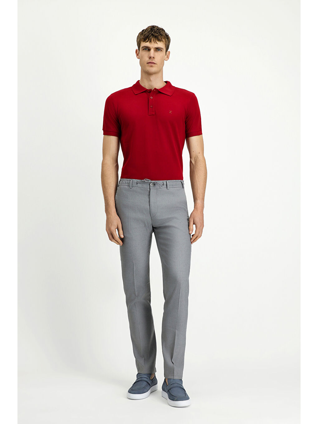 Gri Slim Fit Dar Kesim Beli Lastikli İpli Keten Karışımlı Pantolon-3