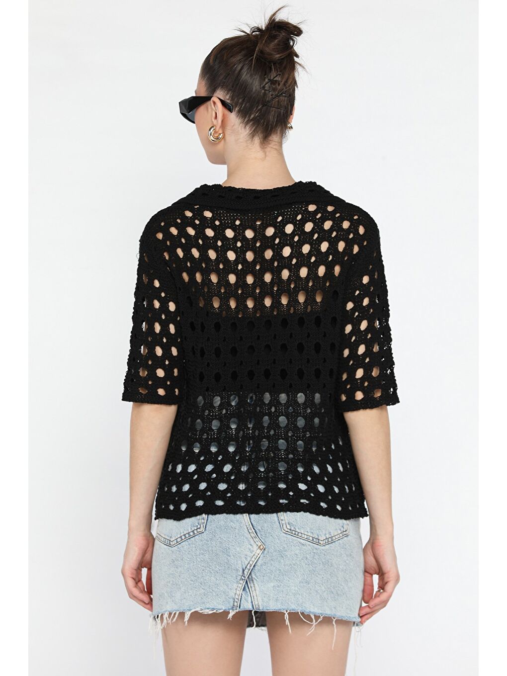 Siyah Kadın Polo Yaka Ajurlu Mevsimlik Triko Bluz-3