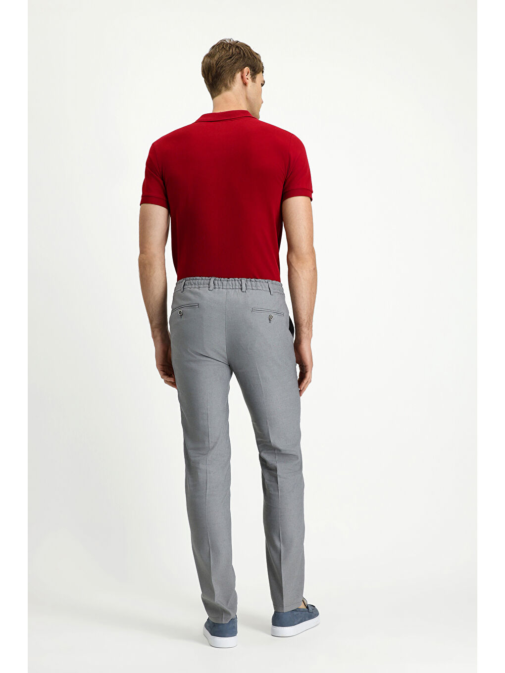 Gri Slim Fit Dar Kesim Beli Lastikli İpli Keten Karışımlı Pantolon-4