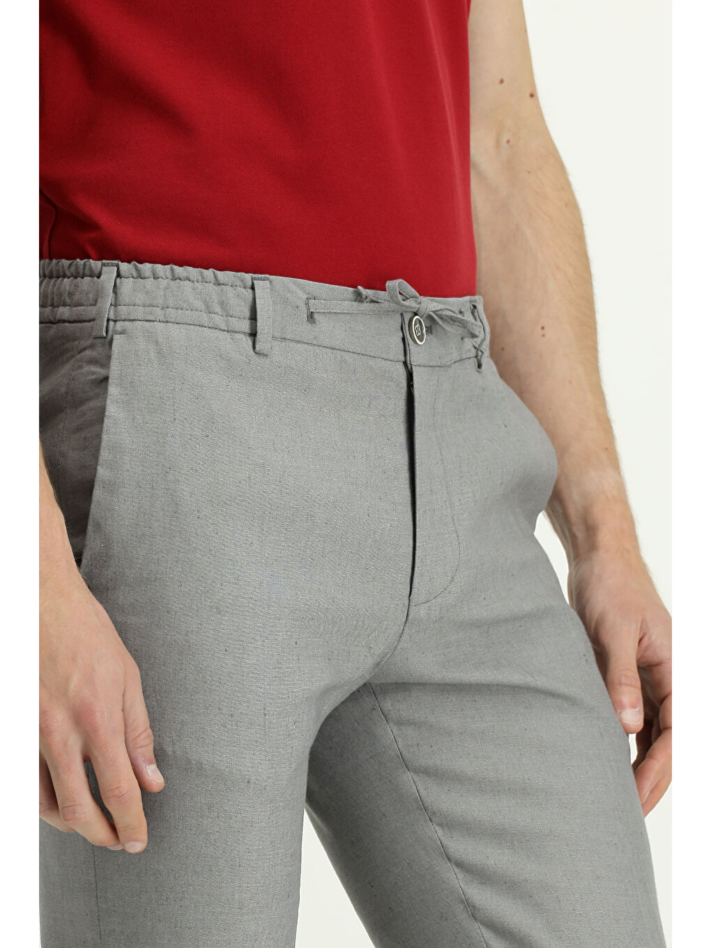 Gri Slim Fit Dar Kesim Beli Lastikli İpli Keten Karışımlı Pantolon-5