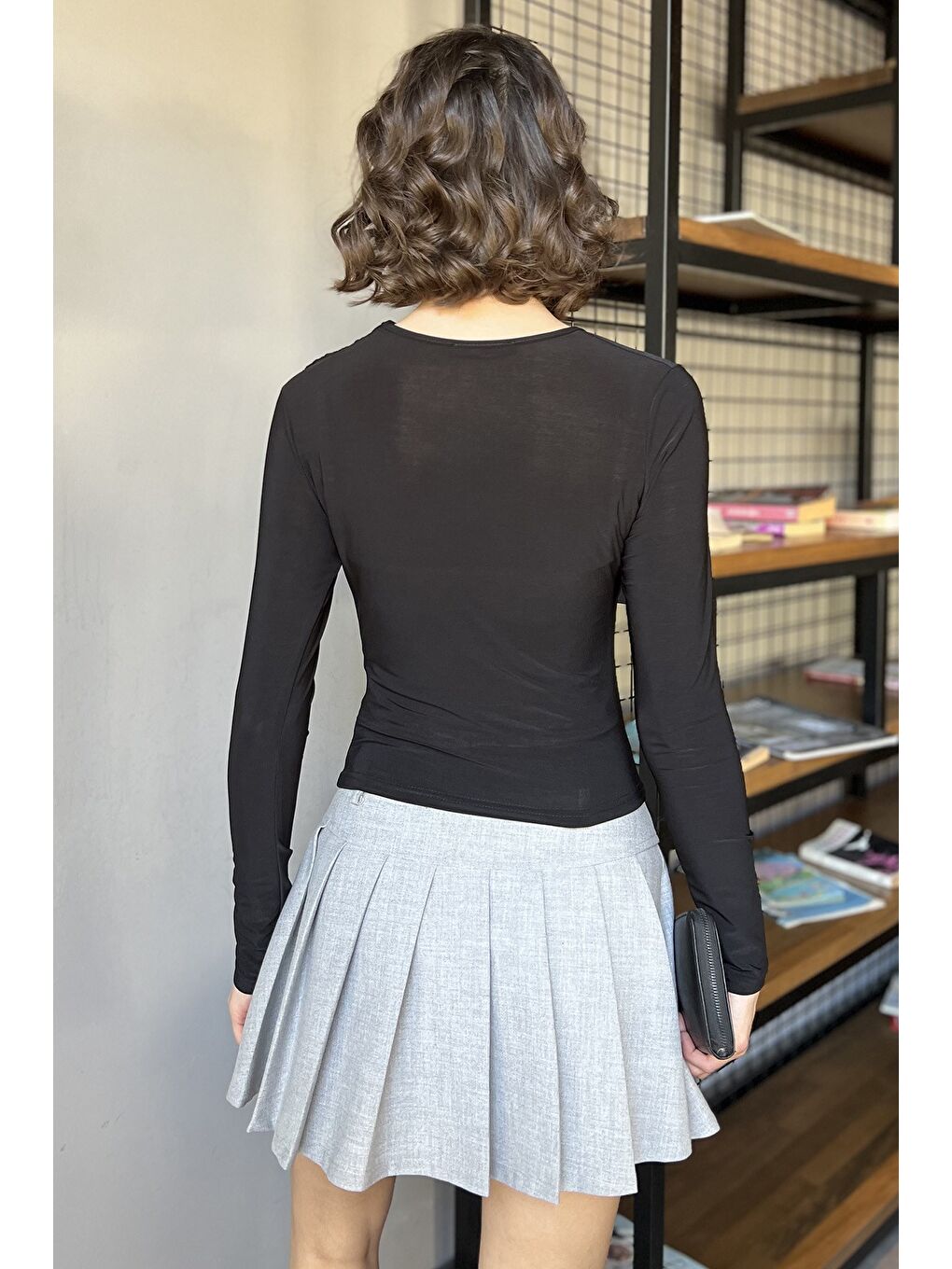 Siyah Kadın Bel Ve Omuz Drapeli Bluz-2