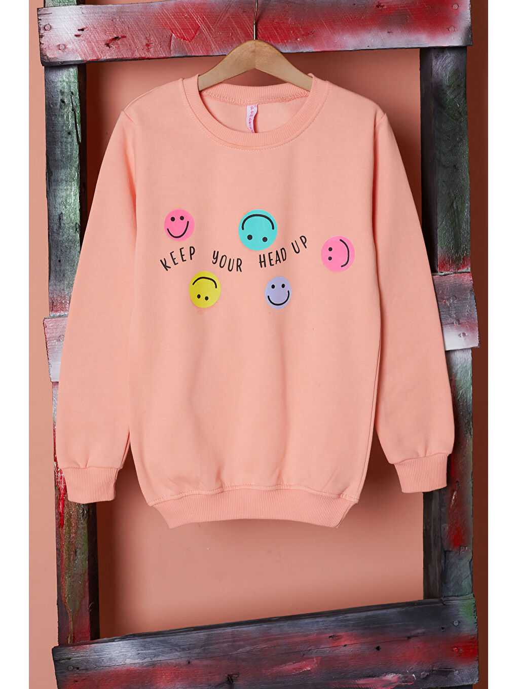 Pembe Life Kids Club Pembe Somon Gülen Yüz Baskılı Kız Çocuk Bisiklet Yaka Sweatshirt 17285 - 1