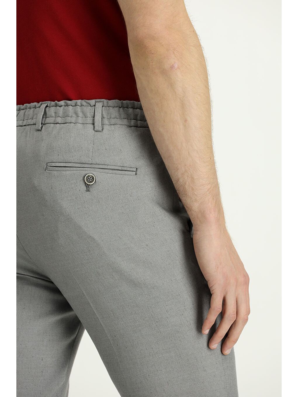 Gri Slim Fit Dar Kesim Beli Lastikli İpli Keten Karışımlı Pantolon-6