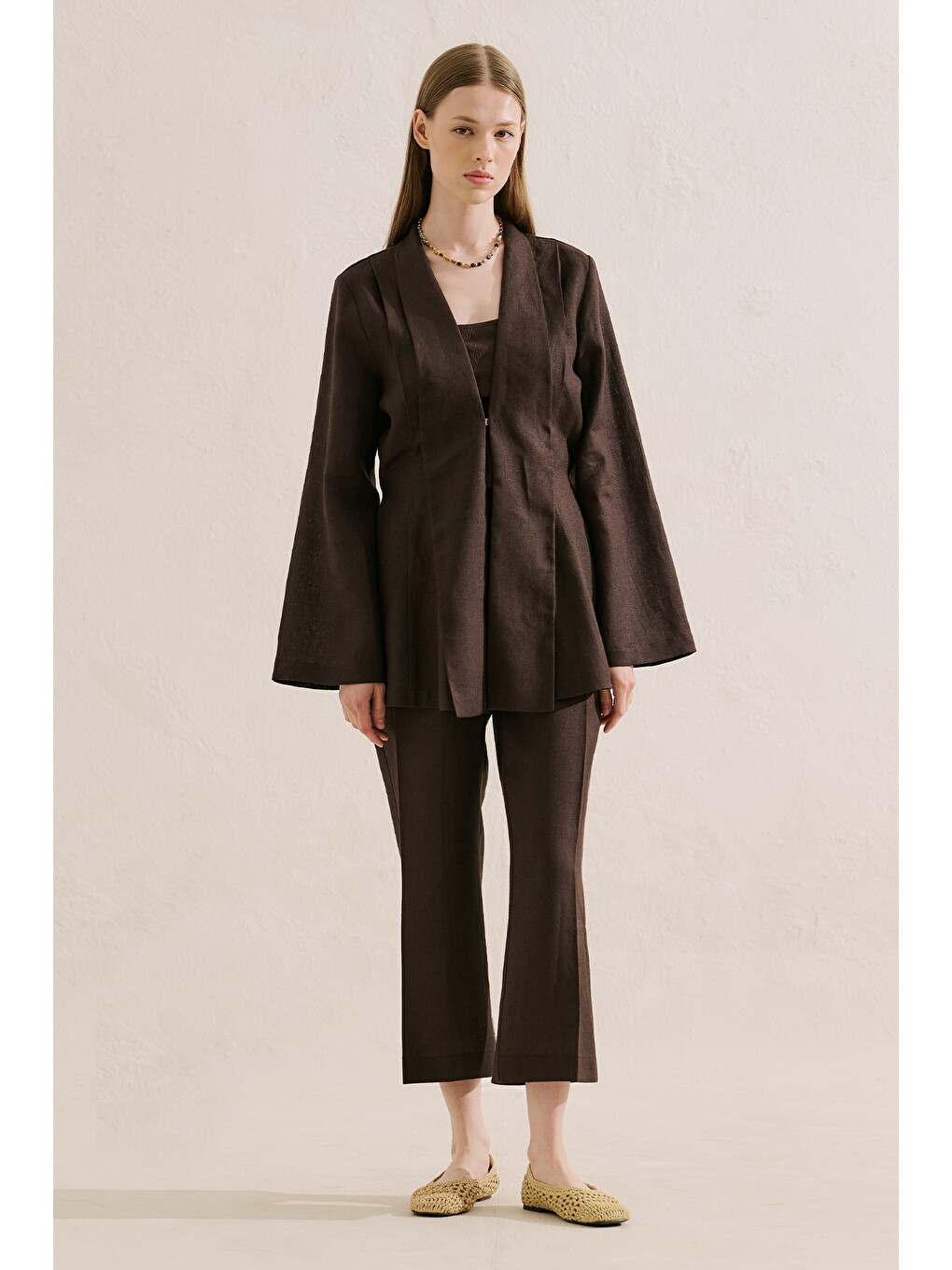 Kahverengi Keten Pileli Kimono Ceket Acıkahve-2