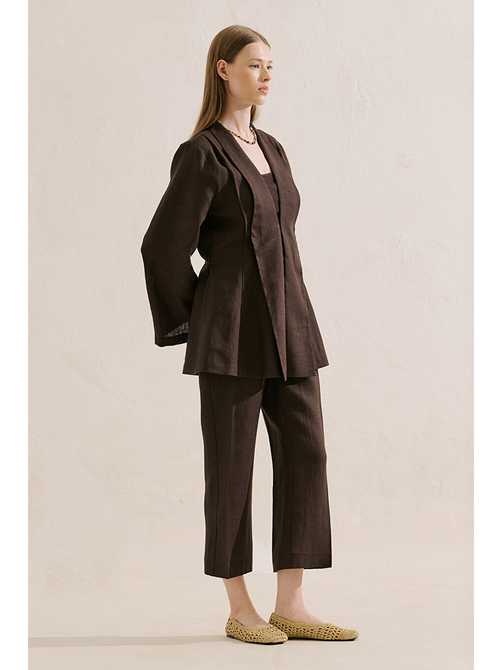 Kahverengi Keten Pileli Kimono Ceket Acıkahve-3