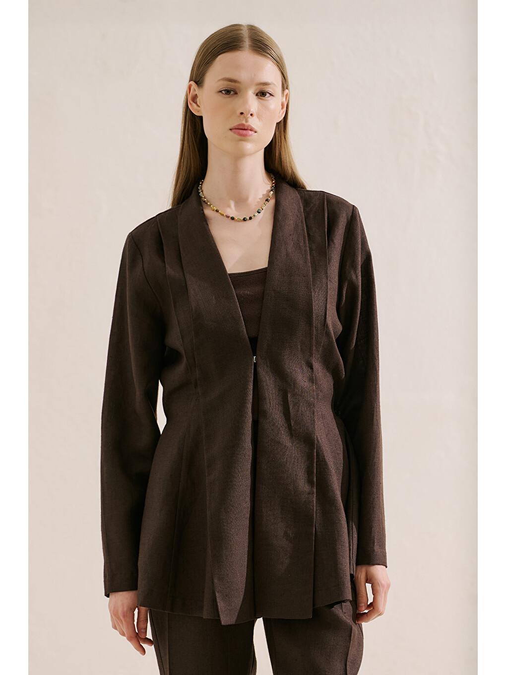 Kahverengi Keten Pileli Kimono Ceket Acıkahve-4