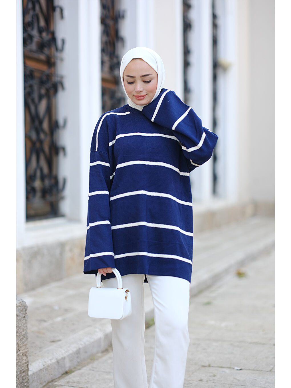 Locco Moda Çizgili Triko Tunik Lacivert - 1