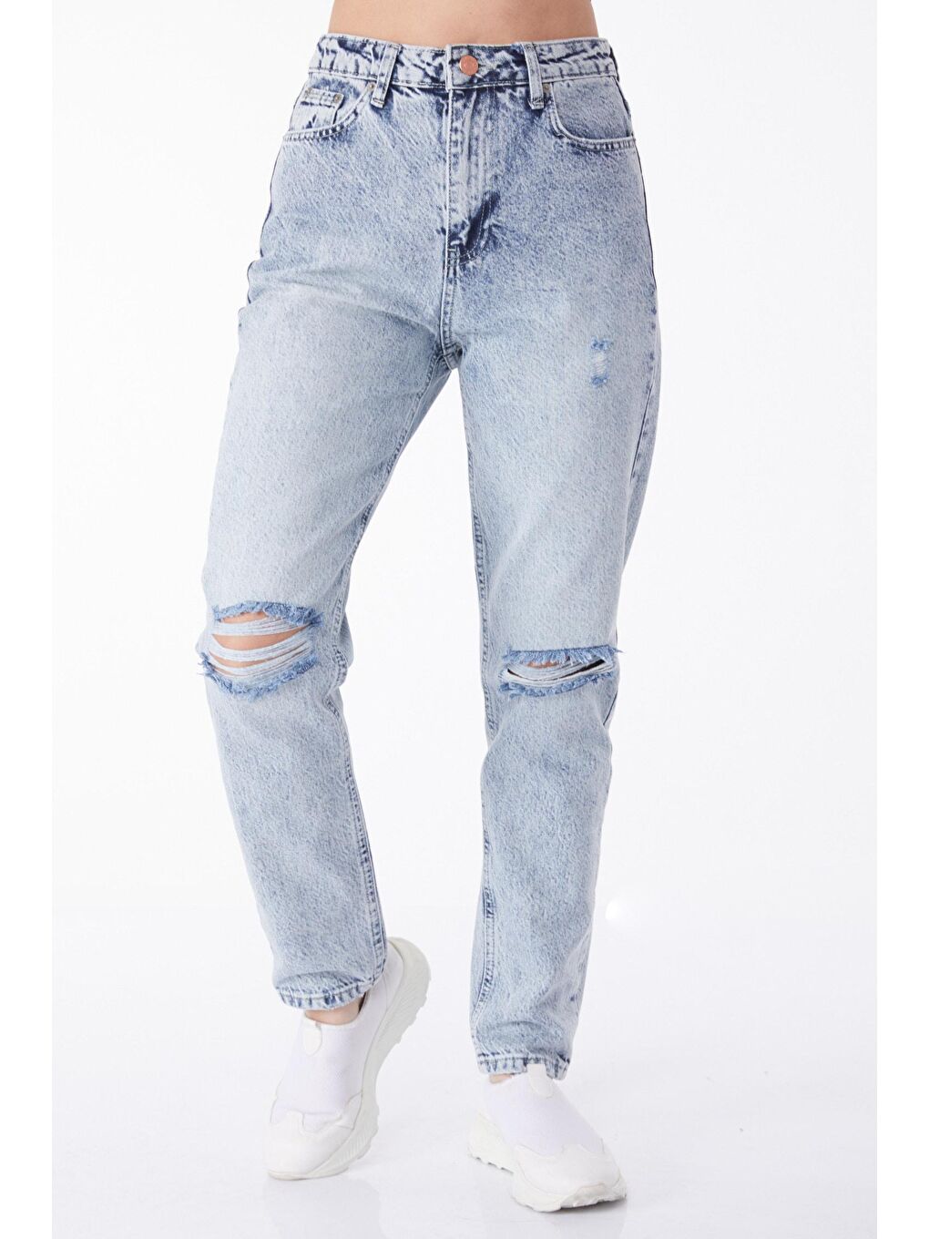 TOFİSA Düz Orta Kadın Mavi Dizi Yırtık Mom Jeans Jean Pantolon - 50008 - 2