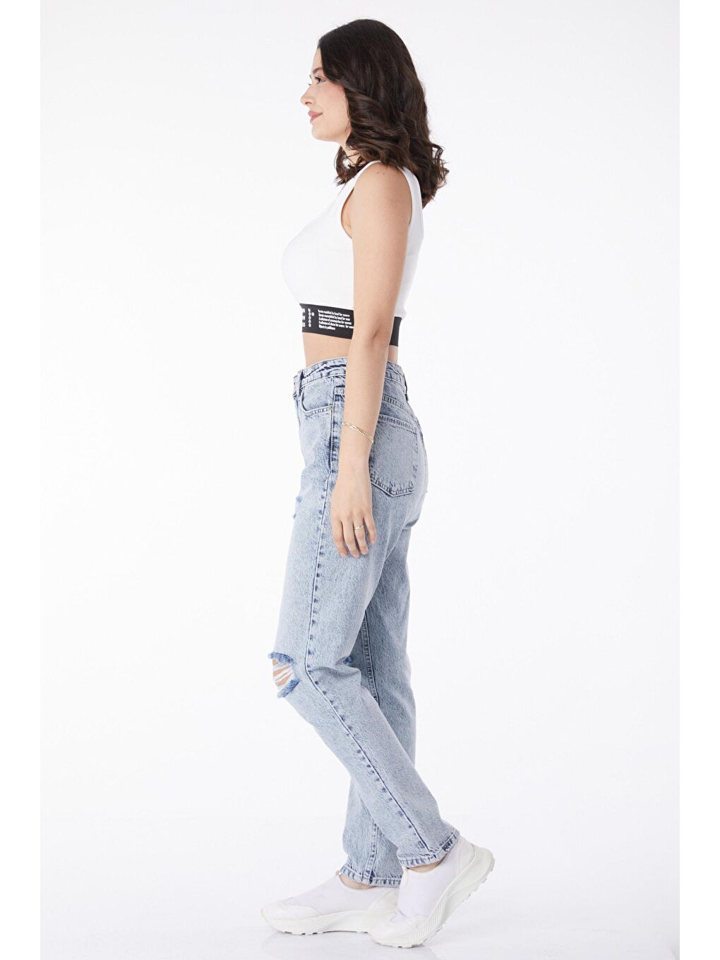 TOFİSA Düz Orta Kadın Mavi Dizi Yırtık Mom Jeans Jean Pantolon - 50008 - 3