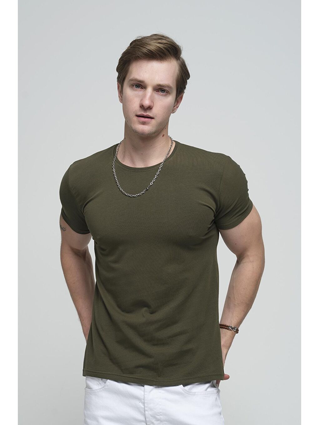 Oksit Haki Slim Fit Elastanlı Bisiklet Yaka Erkek Basic Tişört