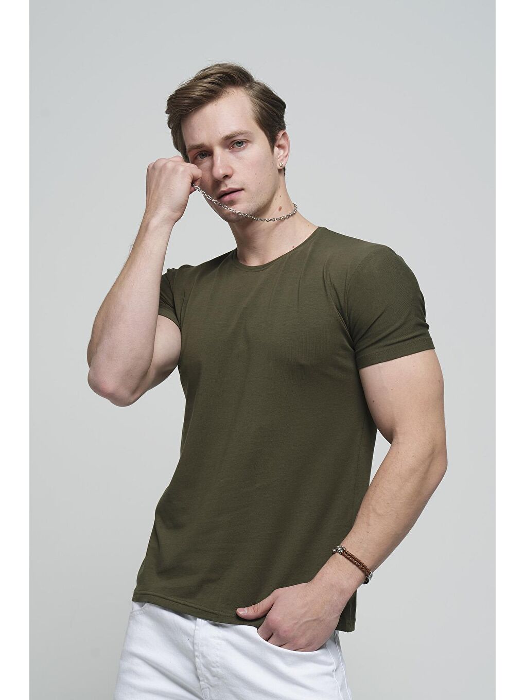 Oksit Haki Slim Fit Elastanlı Bisiklet Yaka Erkek Basic Tişört - 1