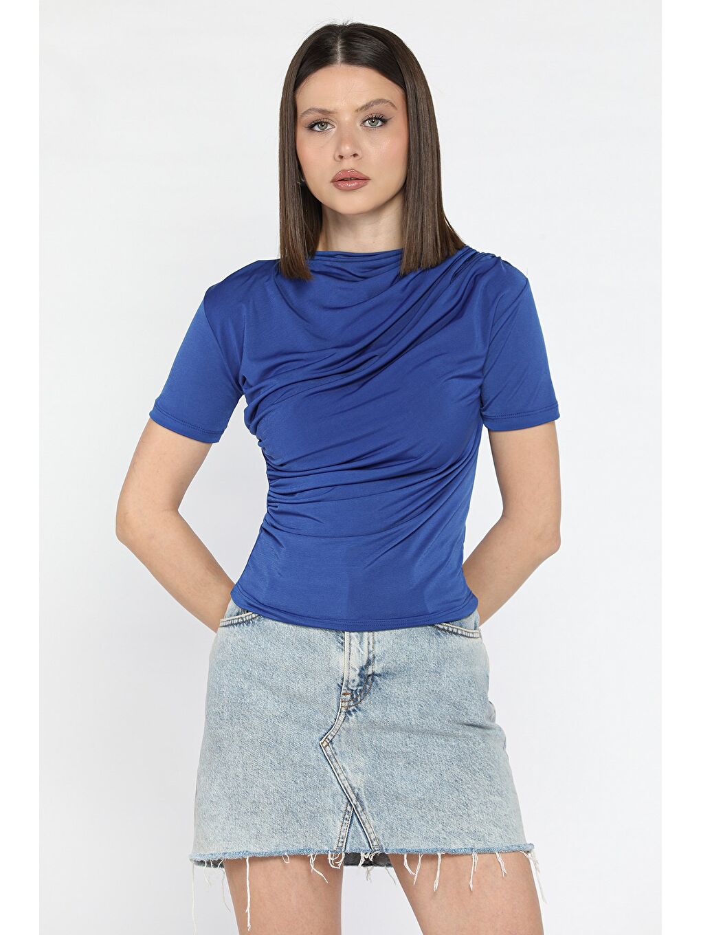 Mavi Kadın Omuz Ve Bel Drapeli Kısa Kol Bluz-1