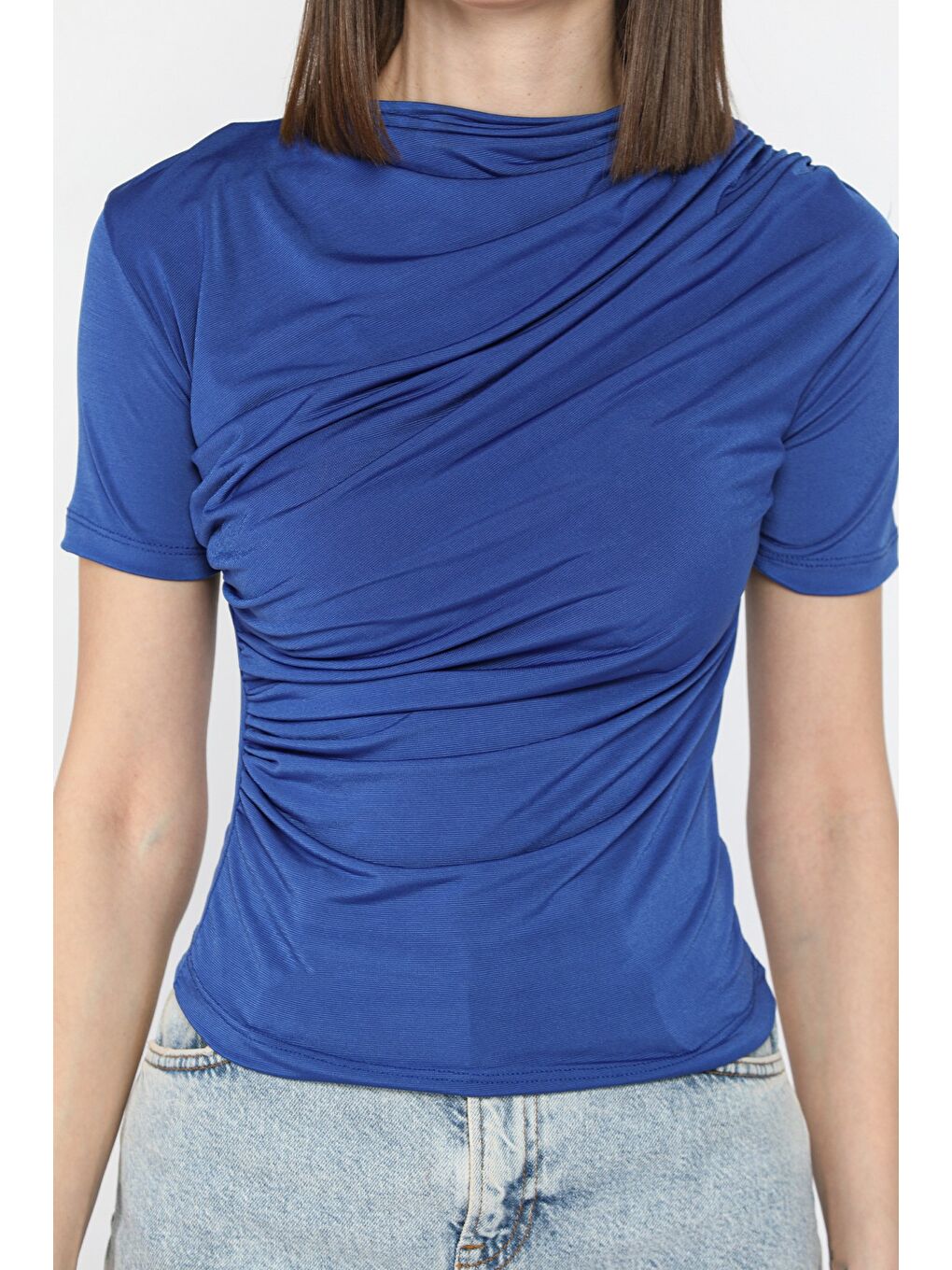 Mavi Kadın Omuz Ve Bel Drapeli Kısa Kol Bluz-2