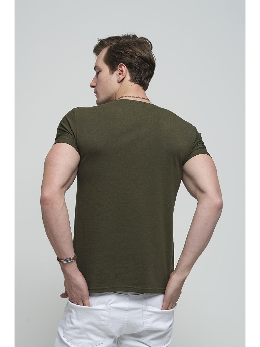 Oksit Haki Slim Fit Elastanlı Bisiklet Yaka Erkek Basic Tişört - 2