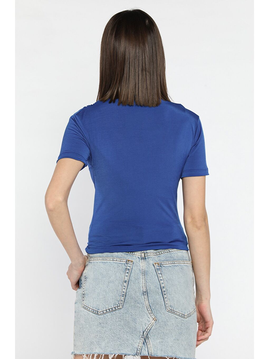 Mavi Kadın Omuz Ve Bel Drapeli Kısa Kol Bluz-3