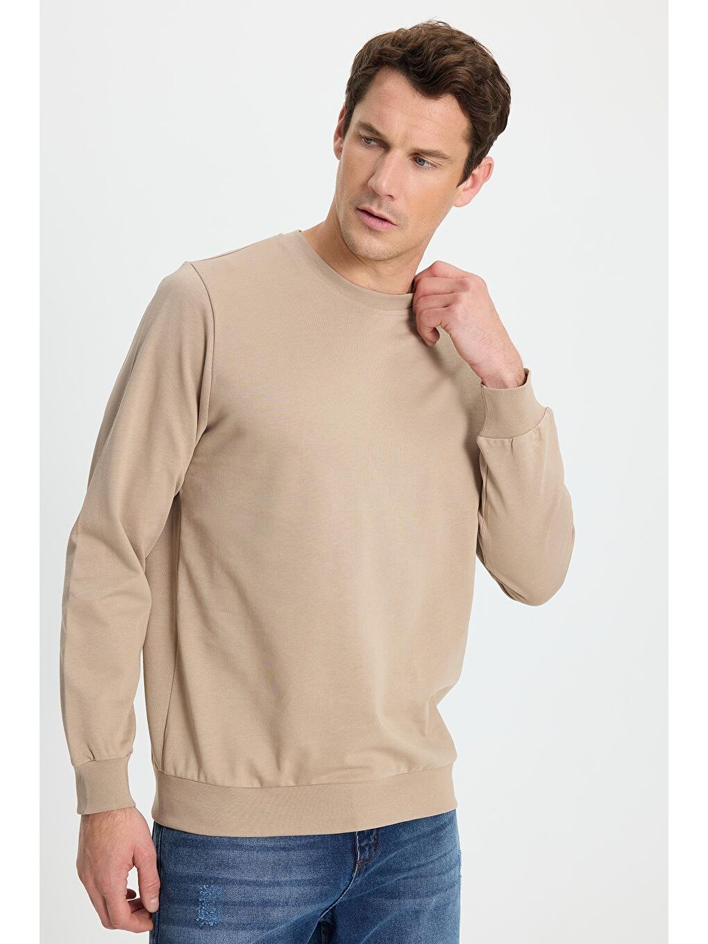 Karışık Erkek 3'Lü Kahverengi-Taş-Siyah Relax Fit Rahat Kesim %100 Pamuk 2 İplik Bisiklet Yaka Sweatshirt-2