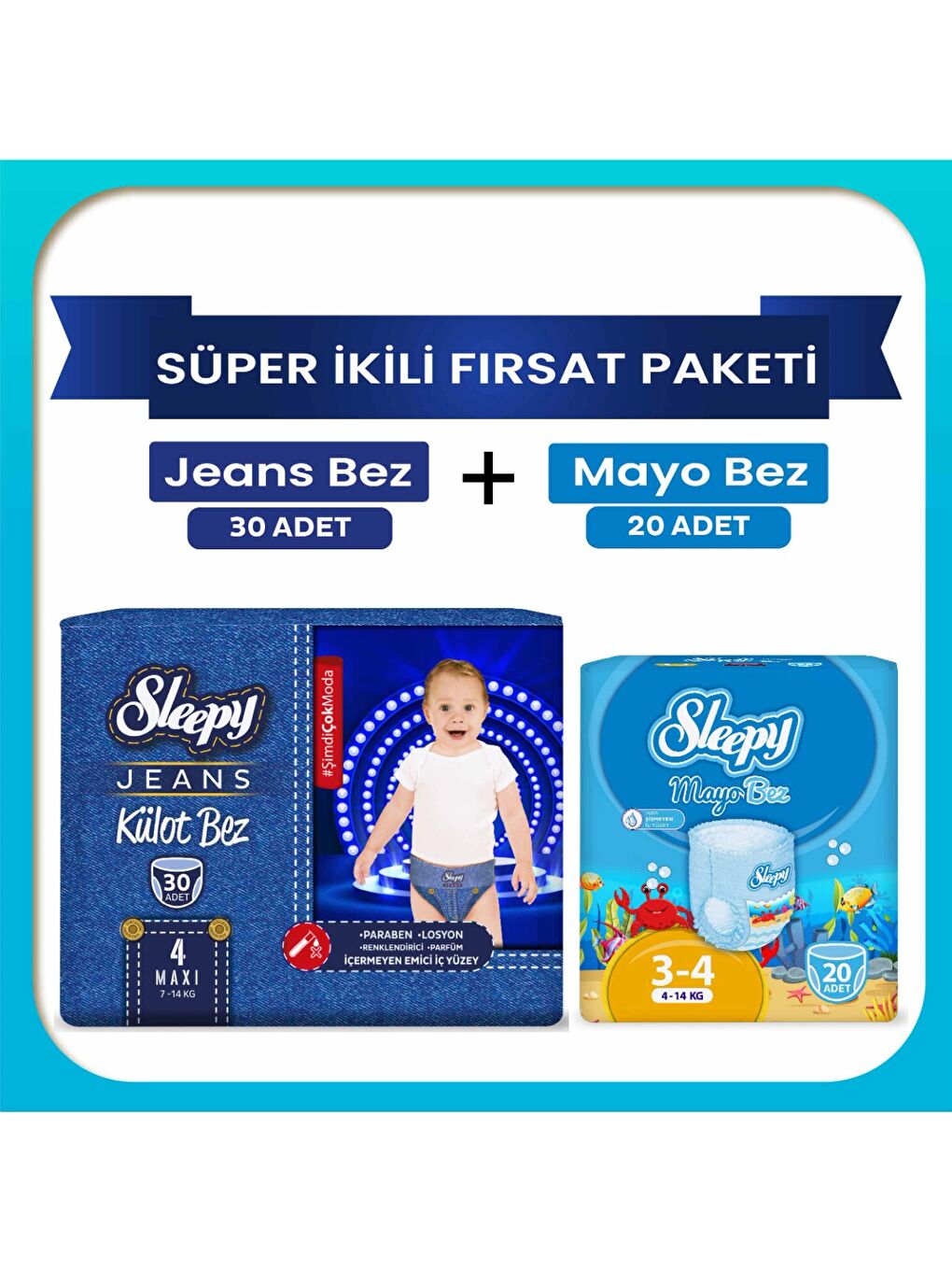 Süper 2'li Fırsat Paketi(Jeans Külot Bez 4 Numara 30 Adet + Mayo Külot Bez 4 Numara 20 Adet)