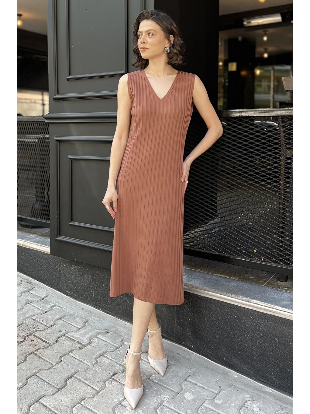 Kahverengi Kadın Sıfır Kol Triko Elbise-1