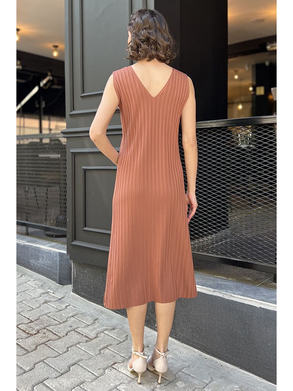 Kahverengi Kadın Sıfır Kol Triko Elbise-2