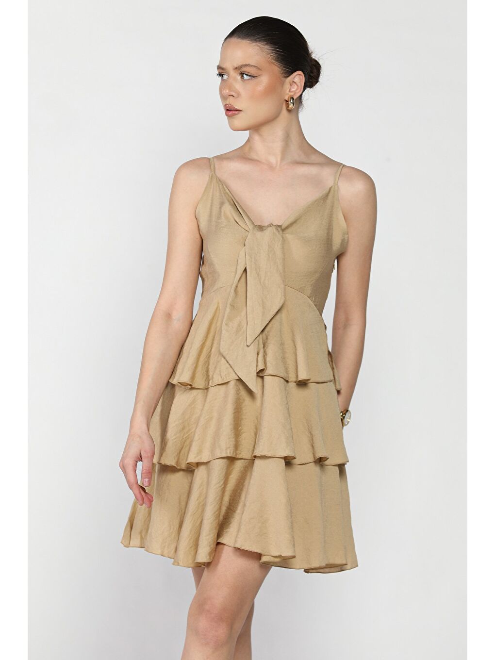Bej İp Askılı Fırfırlı Mini Elbise-1
