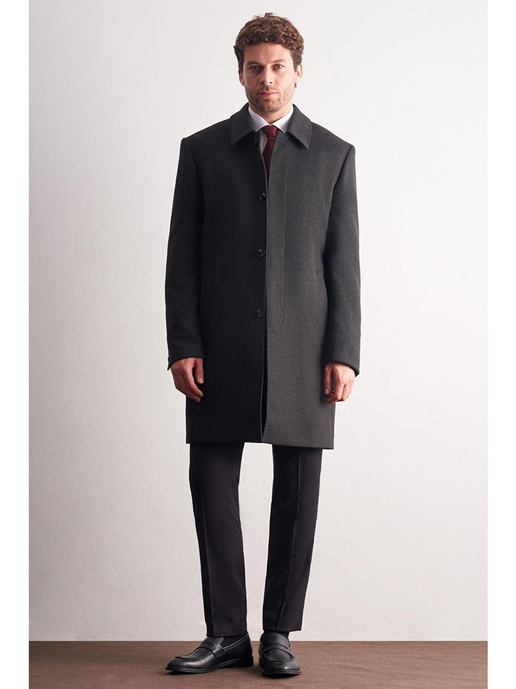 Koyu Antrasit Berberi Yaka Tam Astar Classic Comfort Fit Esnek Kaşe Palto 1005255152