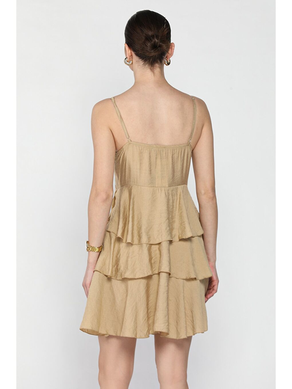 Bej İp Askılı Fırfırlı Mini Elbise-2