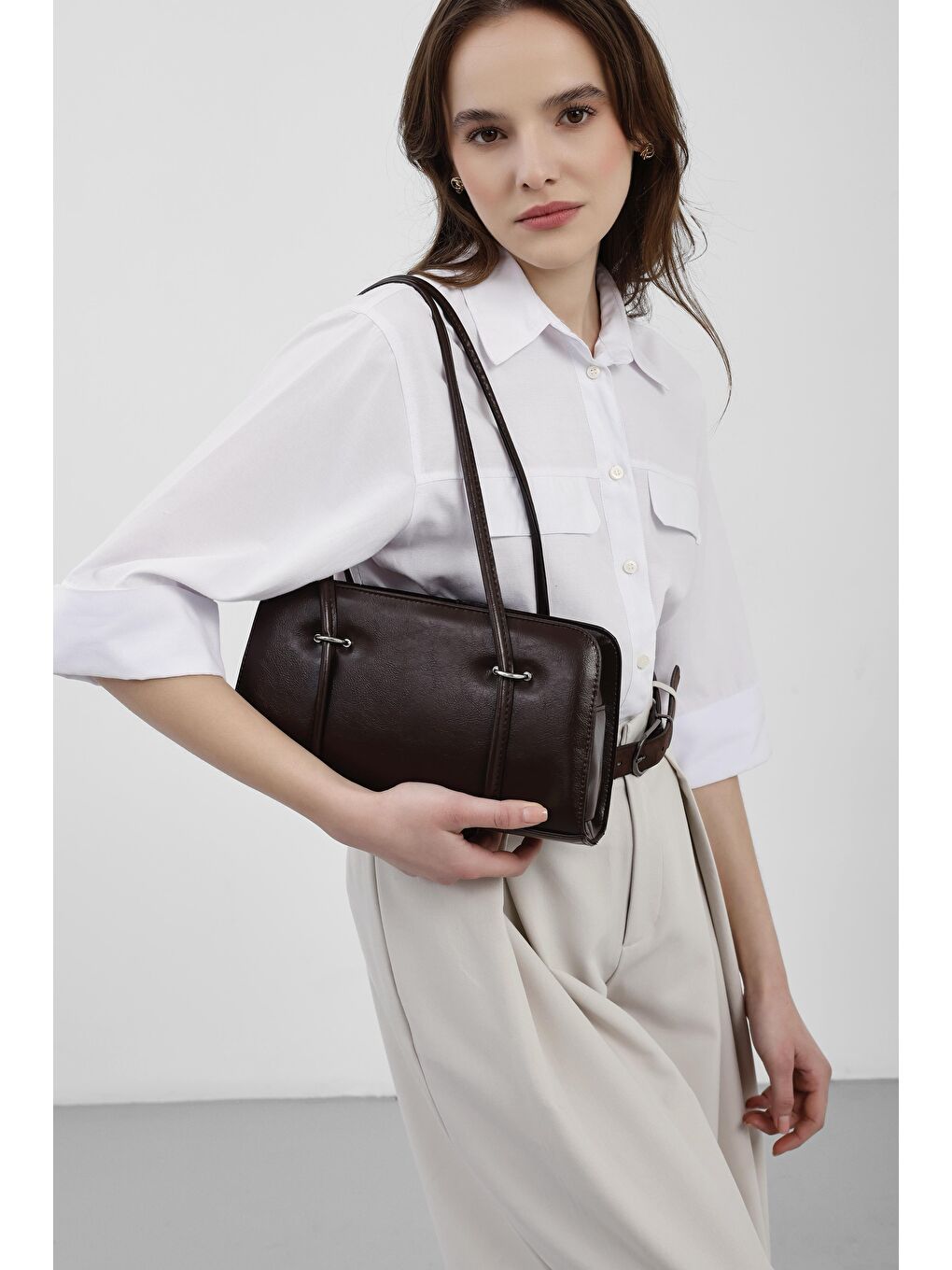 Kahverengi Hansal Metal Detaylı Baget Çanta Acı Kahve