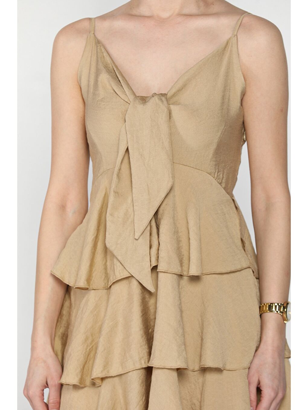 Bej İp Askılı Fırfırlı Mini Elbise-3