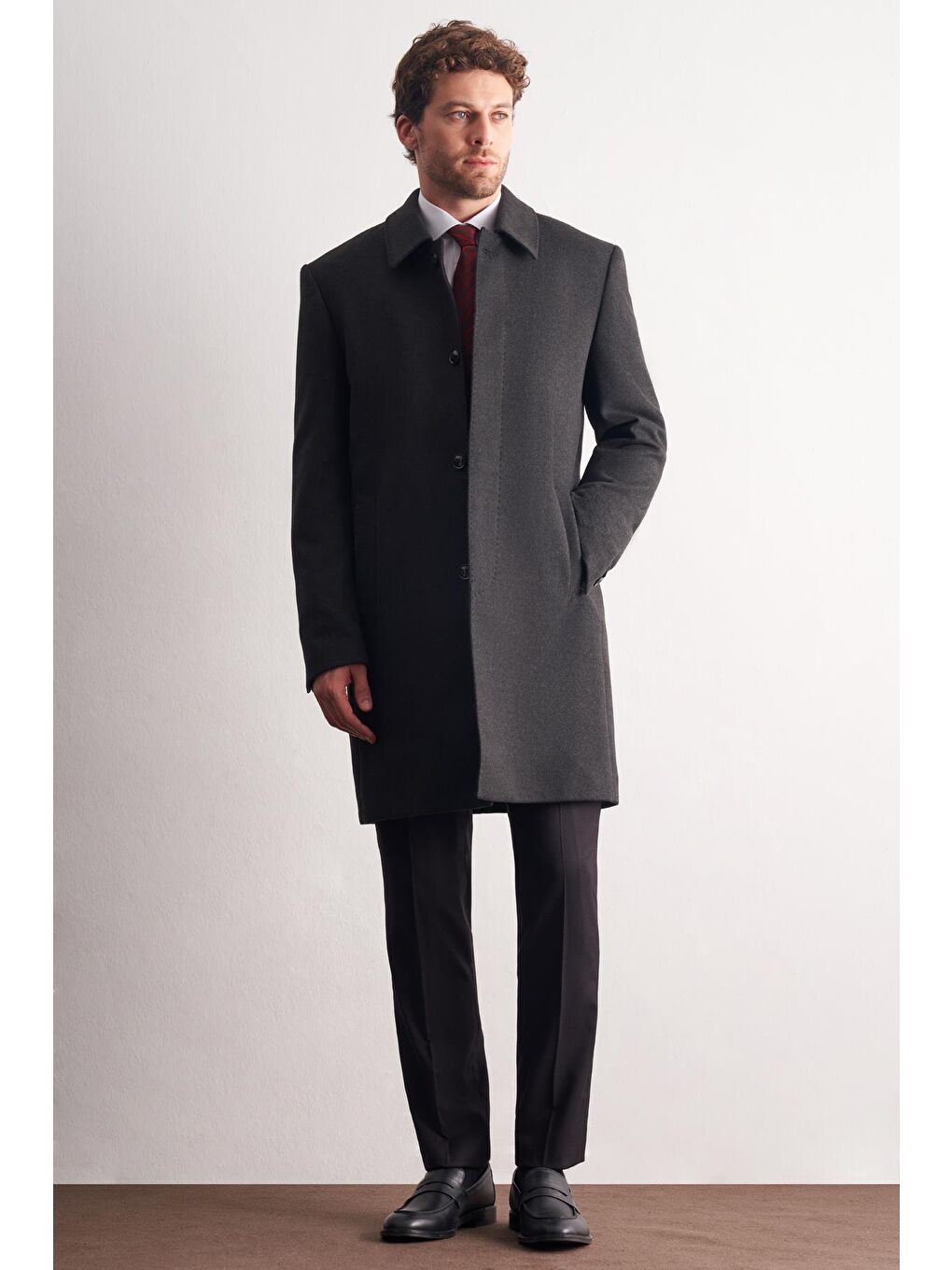 Koyu Antrasit Berberi Yaka Tam Astar Classic Comfort Fit Esnek Kaşe Palto 1005255152-1