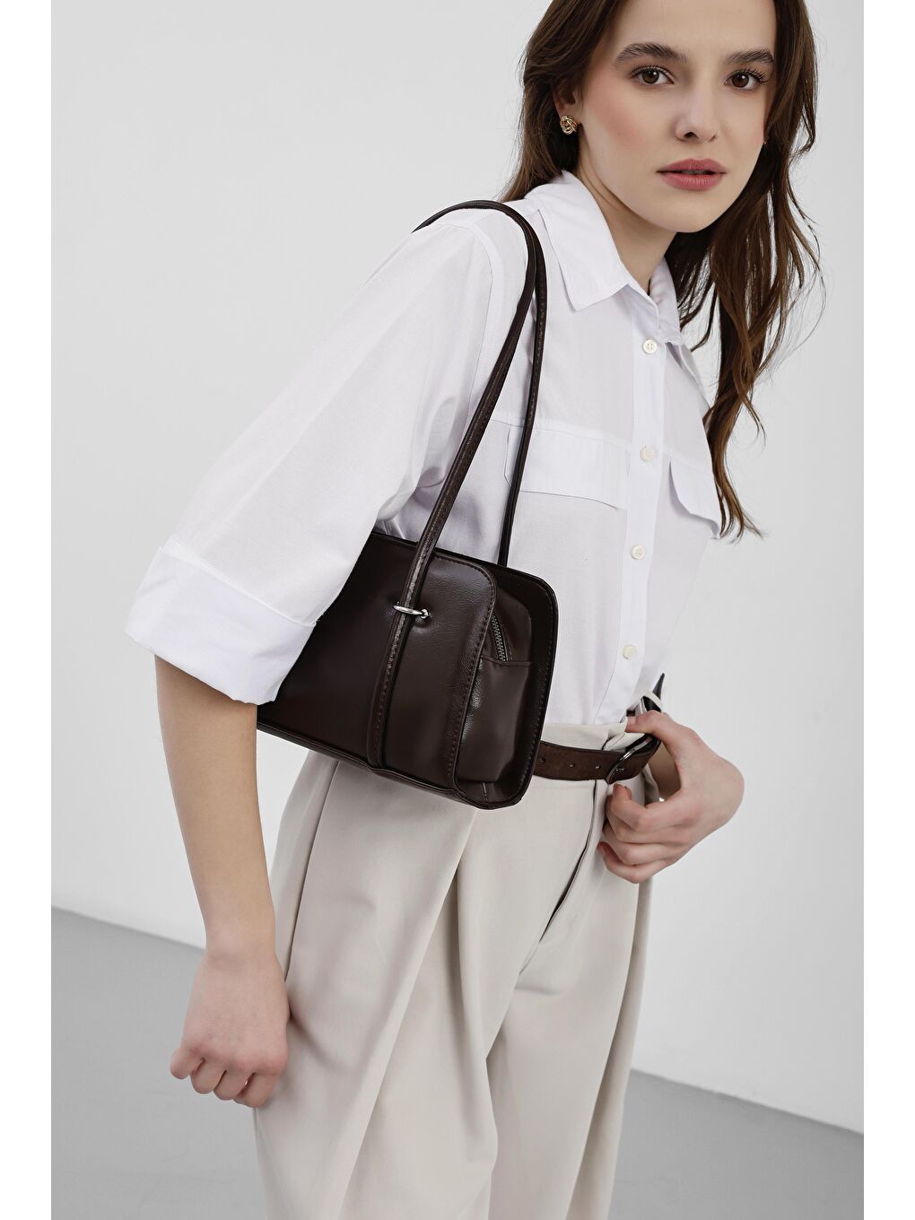 Kahverengi Hansal Metal Detaylı Baget Çanta Acı Kahve-2