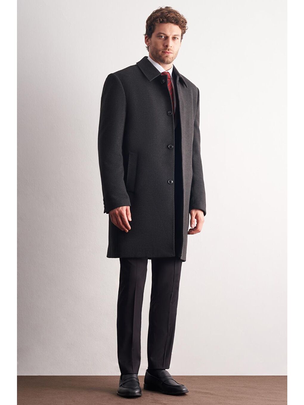 Koyu Antrasit Berberi Yaka Tam Astar Classic Comfort Fit Esnek Kaşe Palto 1005255152-2