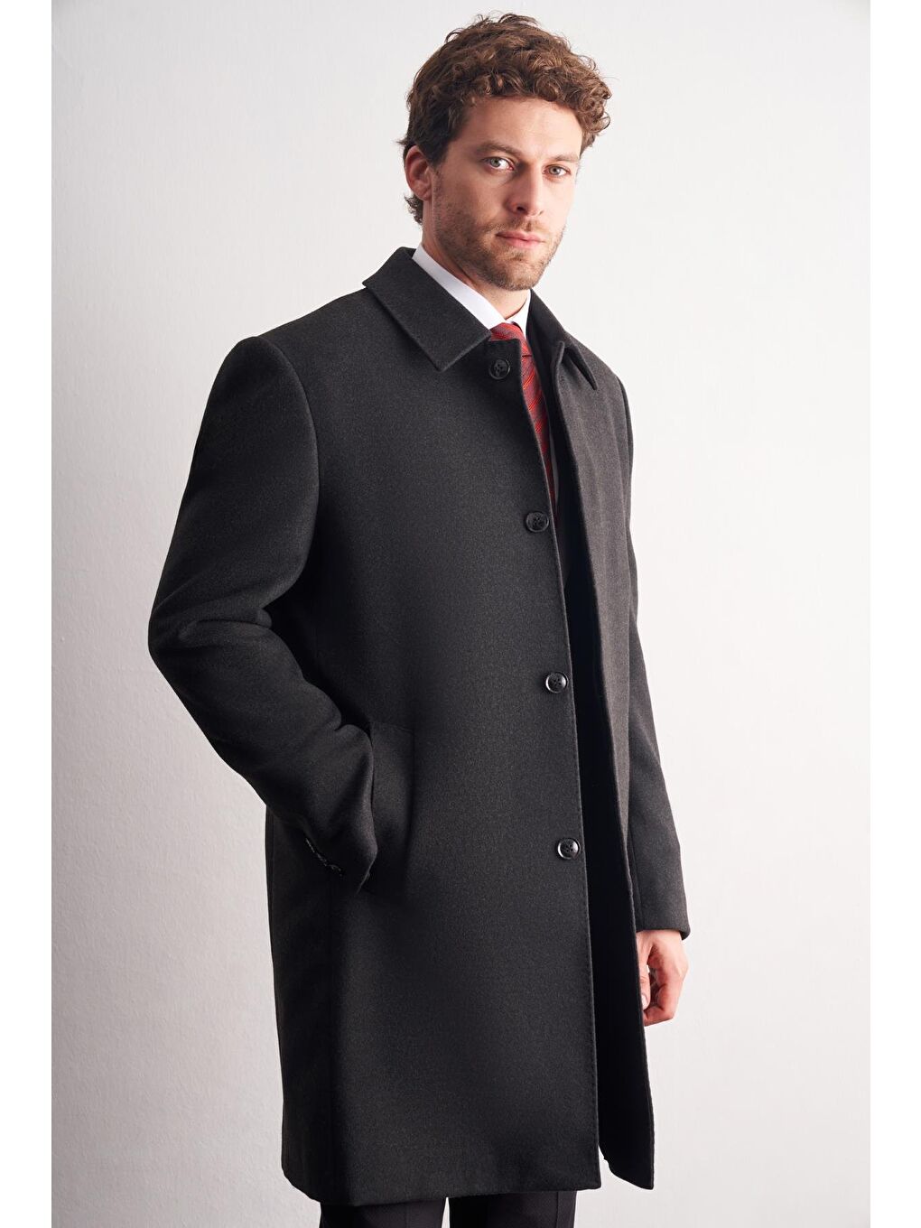 Koyu Antrasit Berberi Yaka Tam Astar Classic Comfort Fit Esnek Kaşe Palto 1005255152-3