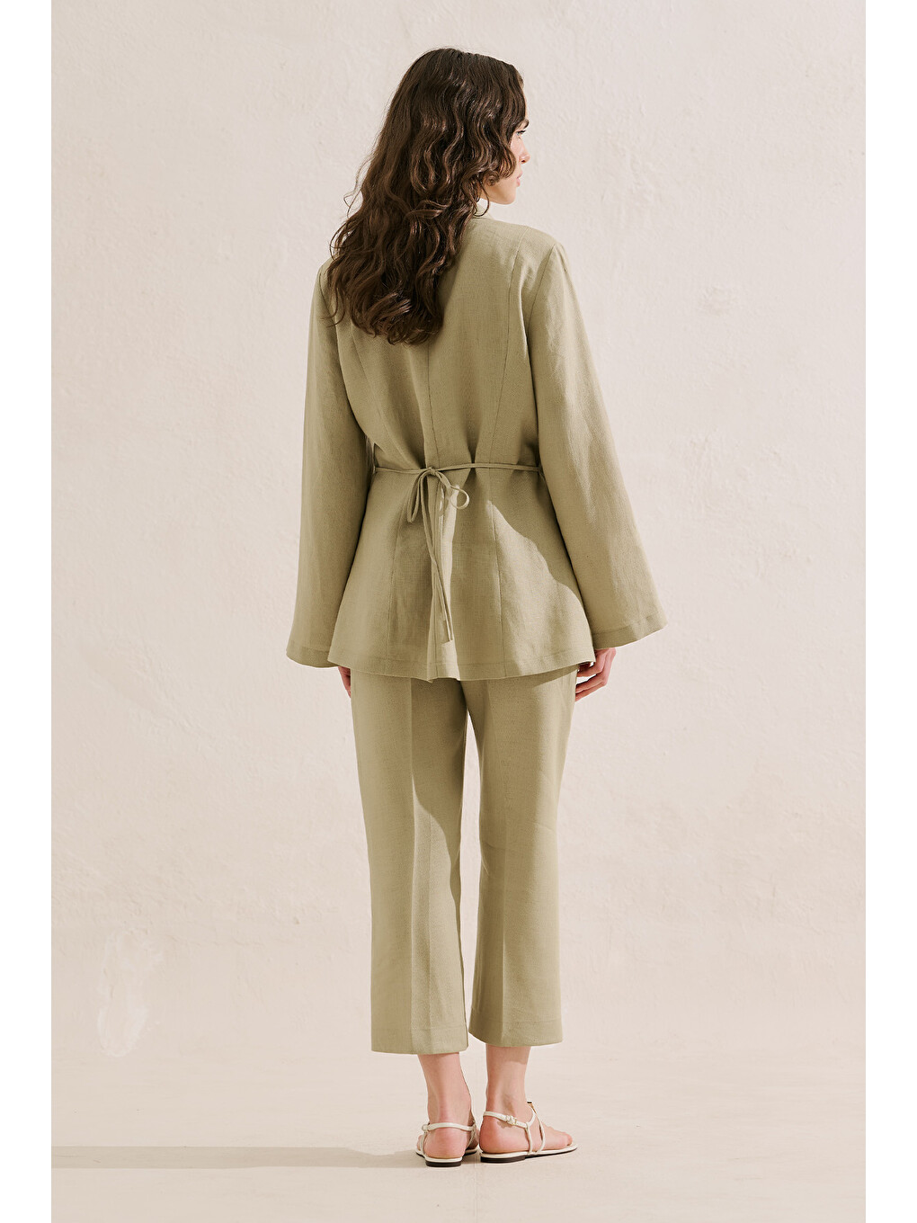 Bej Keten Pileli Kimono Ceket Taş-6