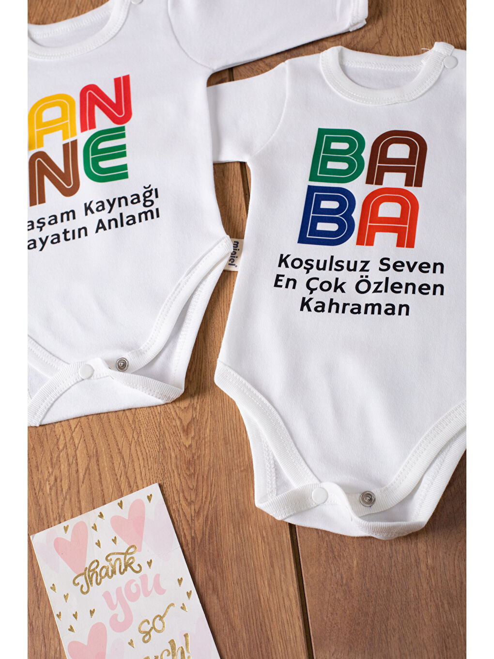 Cansın Mini Ekru Organik Pamuk Anne & Baba Yazı Baskılı 2'li Bebek Çıtçıtlı Badi - 1