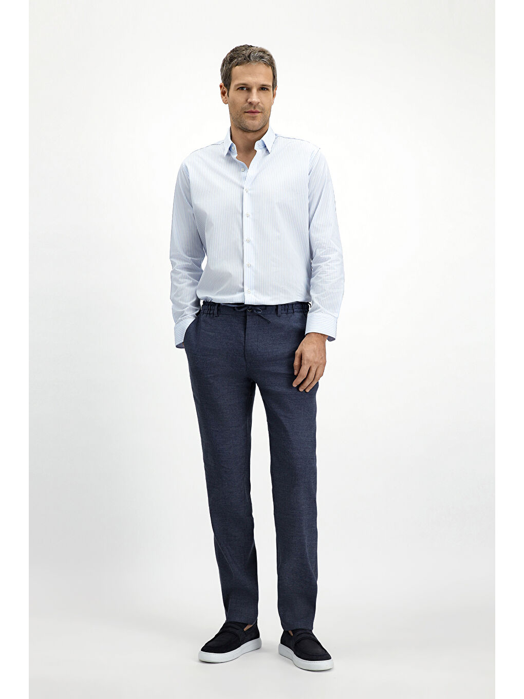 Lacivert Slim Fit Dar Kesim Beli Lastikli İpli Keten Karışımlı Pantolon