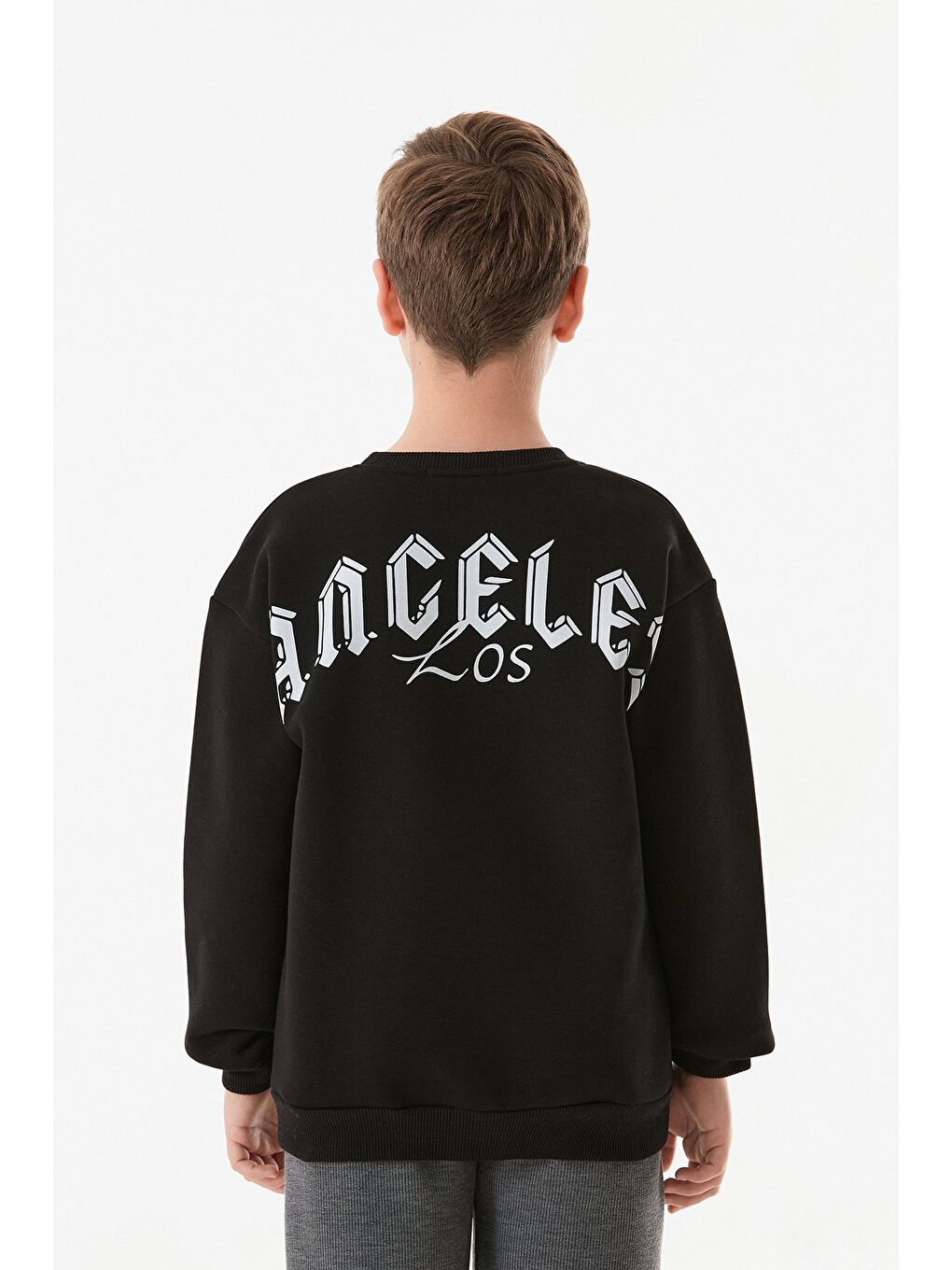 Siyah 3 İplik Los Angeles Yazı Baskılı Erkek Çocuk Sweatshirt-1