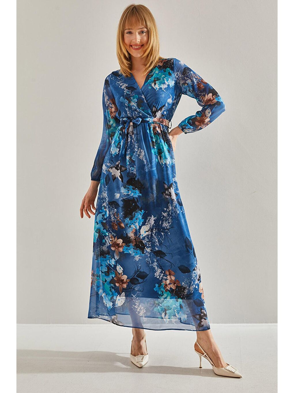 Mavi Kadın Astarlı Beli Lastikli V Yaka Kruvaze Kuşaklı Şifon Elbise-1