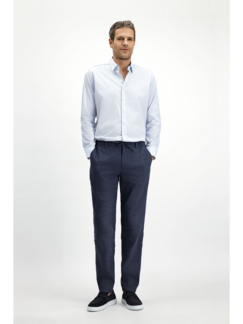 Lacivert Slim Fit Dar Kesim Beli Lastikli İpli Keten Karışımlı Pantolon-1