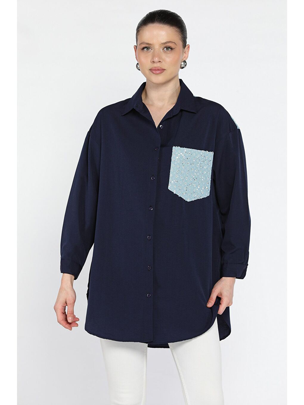 Lacivert Jean Garnili Kadın Gömlek