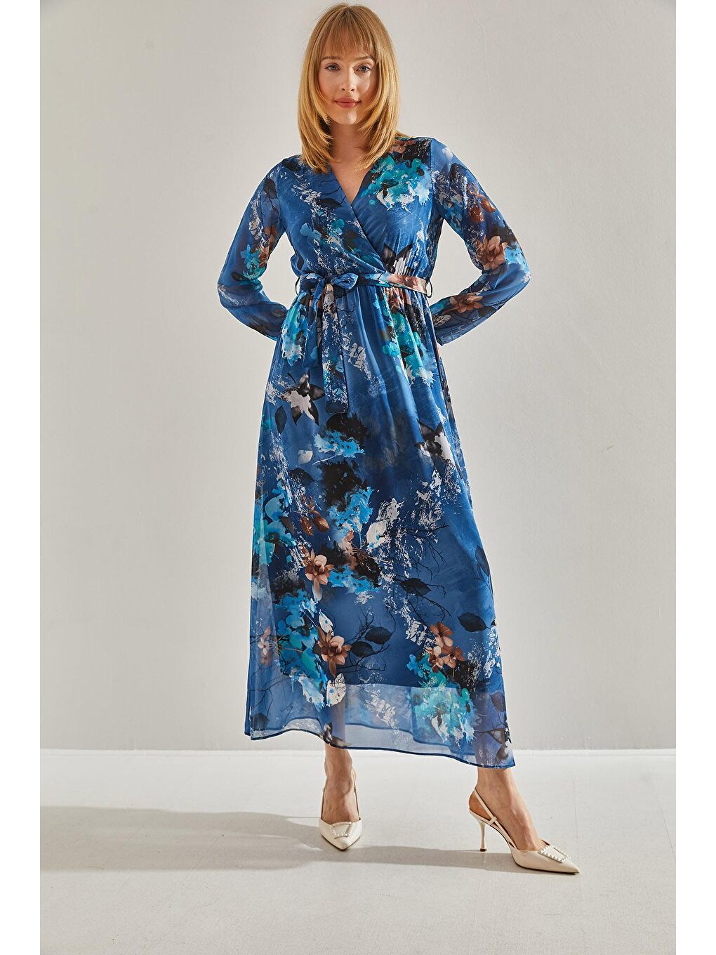 Mavi Kadın Astarlı Beli Lastikli V Yaka Kruvaze Kuşaklı Şifon Elbise-2